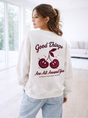Aéropostale Cherry Graphic Sweatshirt White Crewneck Y2K Cute Cozy Oversized
